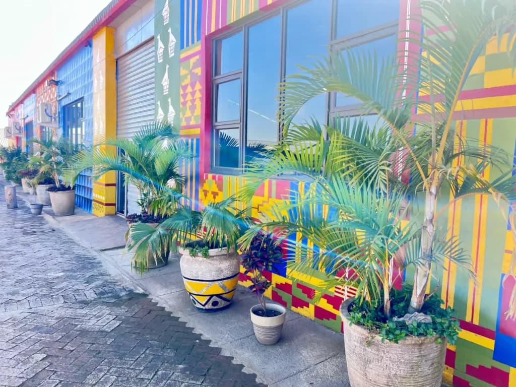 Palms lining the painted shopfronts